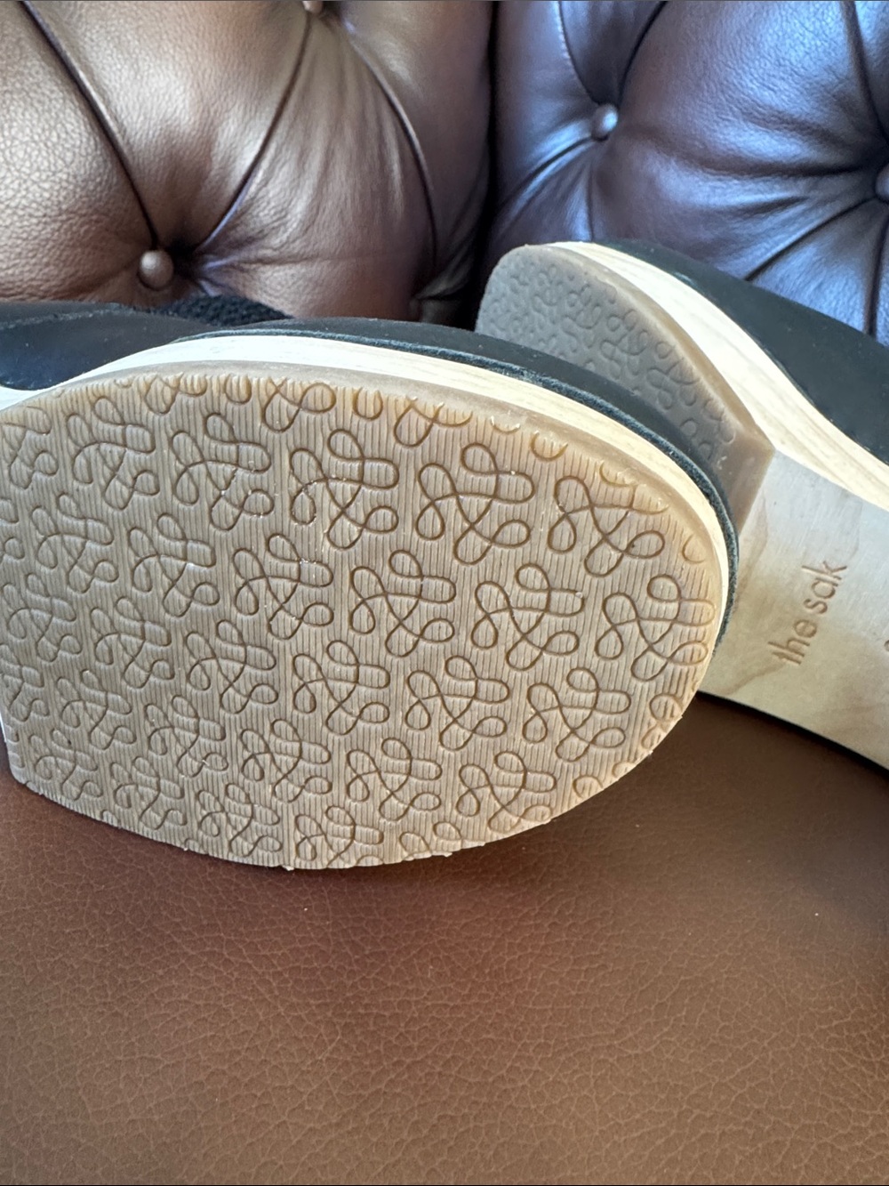 Worn once The Sak Women's Black Leather & Knit Ankle Booties Wood Clog Bottom - Picture 11 of 11